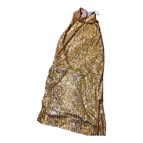 Zara gold sequin open back semi sheer halter blogger favorite mini dress size XL - Picture 11 of 13